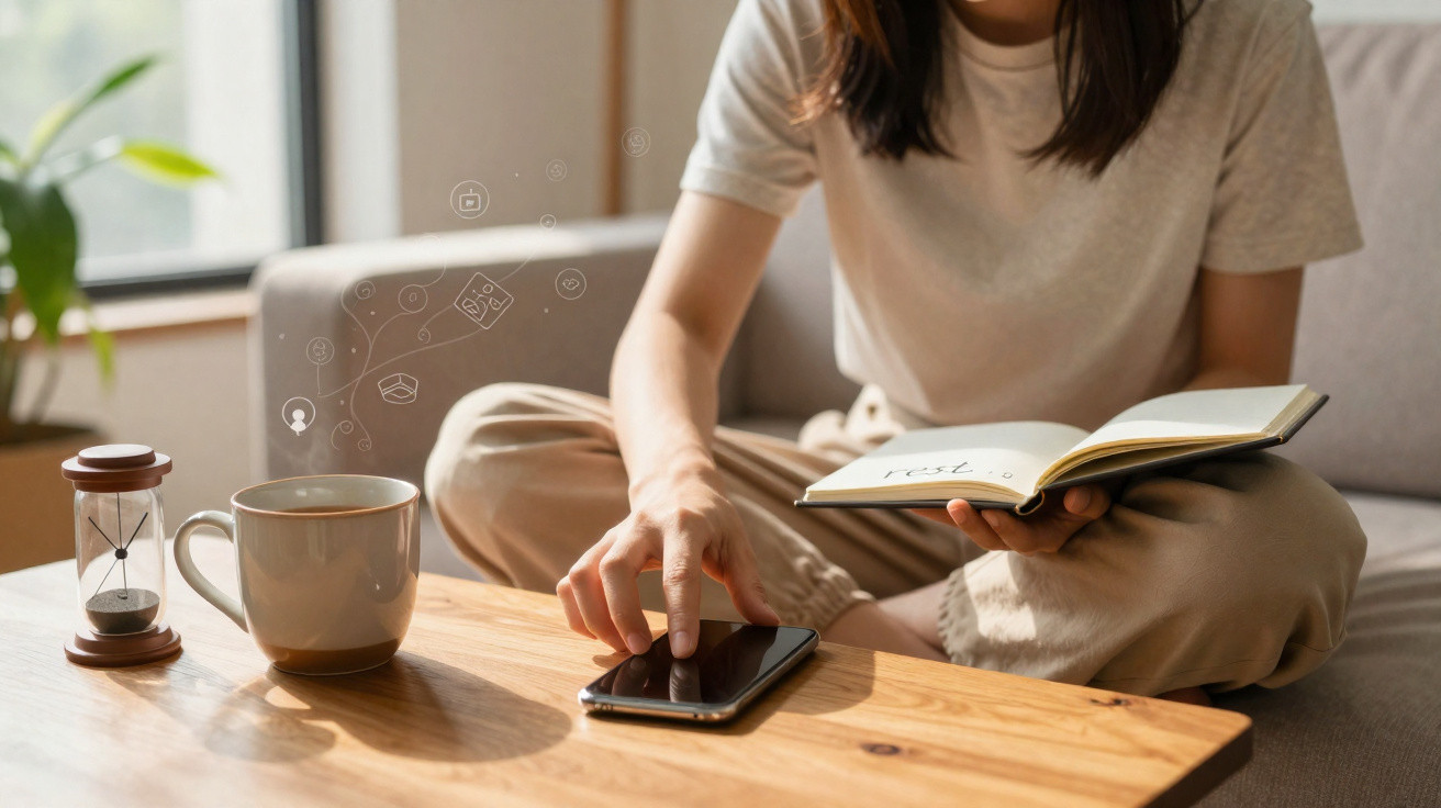 Pessoa sentada no sofá a ler um livro e a usar smartphone com chá e ampulheta numa mesa de madeira.