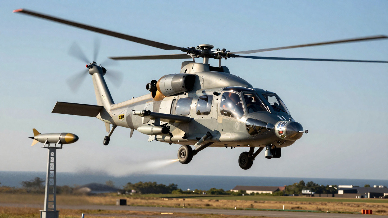 Helicóptero militar cinzento em voo baixo próximo da pista com mar e edifícios ao fundo.