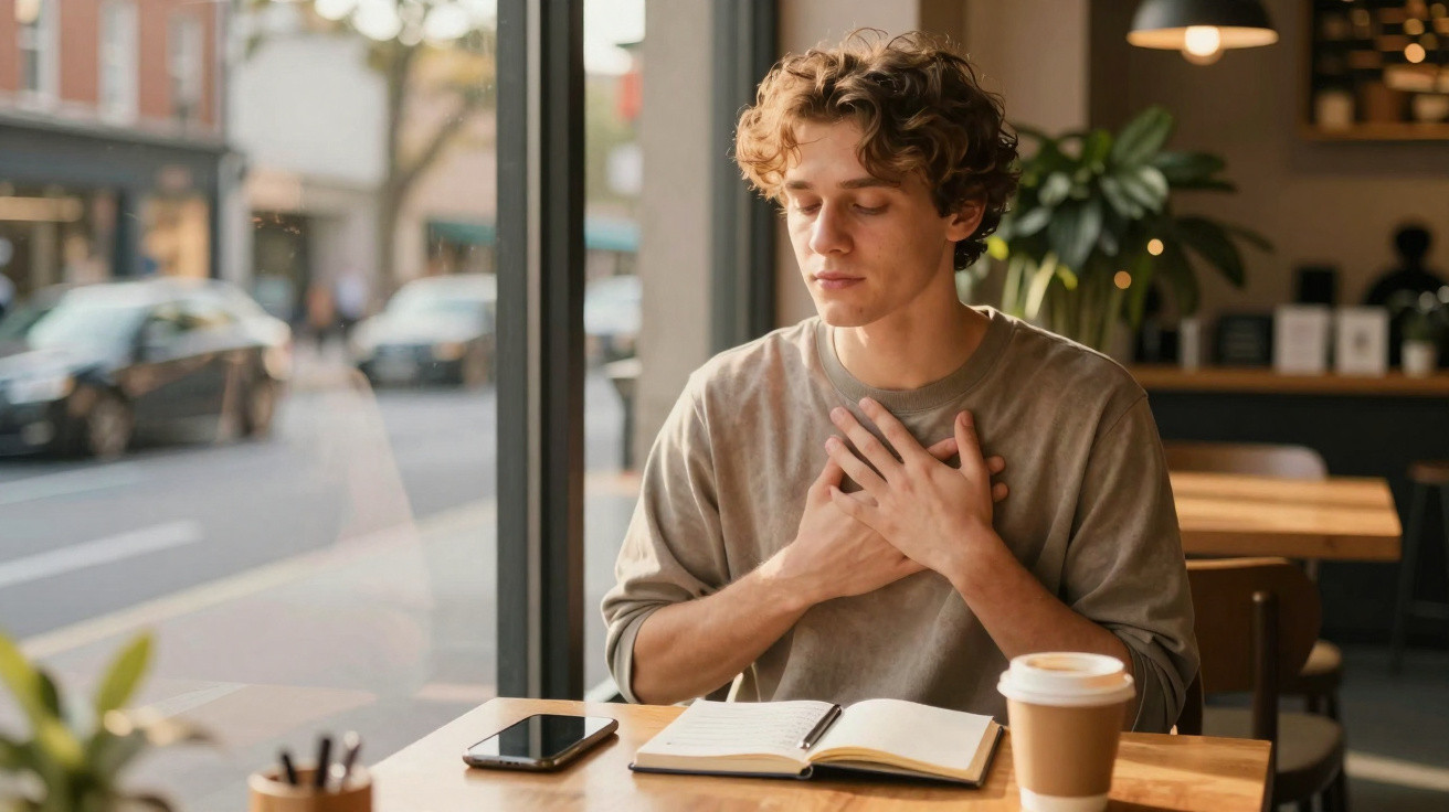 Jovem sentado numa cafetaria com olhos fechados e mãos no peito, ao lado de caderno, telemóvel e café.