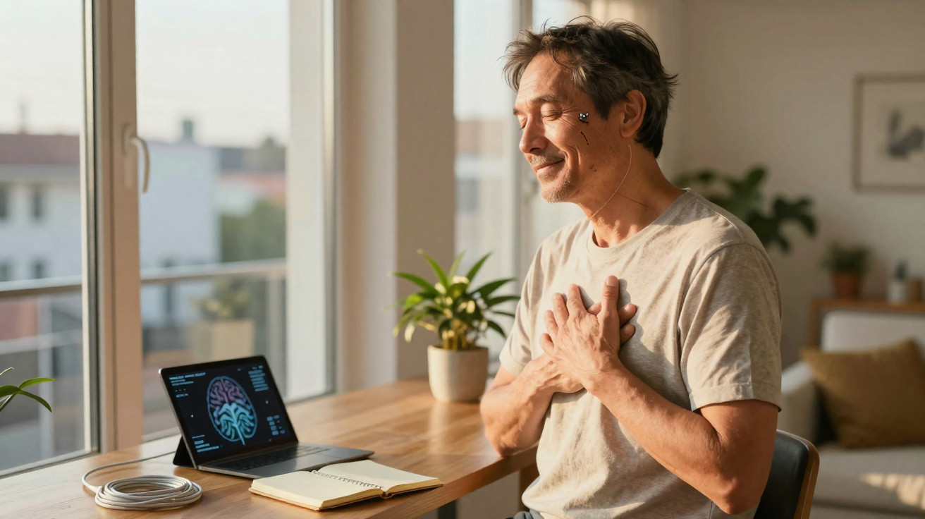 Homem sentado a meditar com olhos fechados, mãos no peito, junto a mesa com computador e plantas.