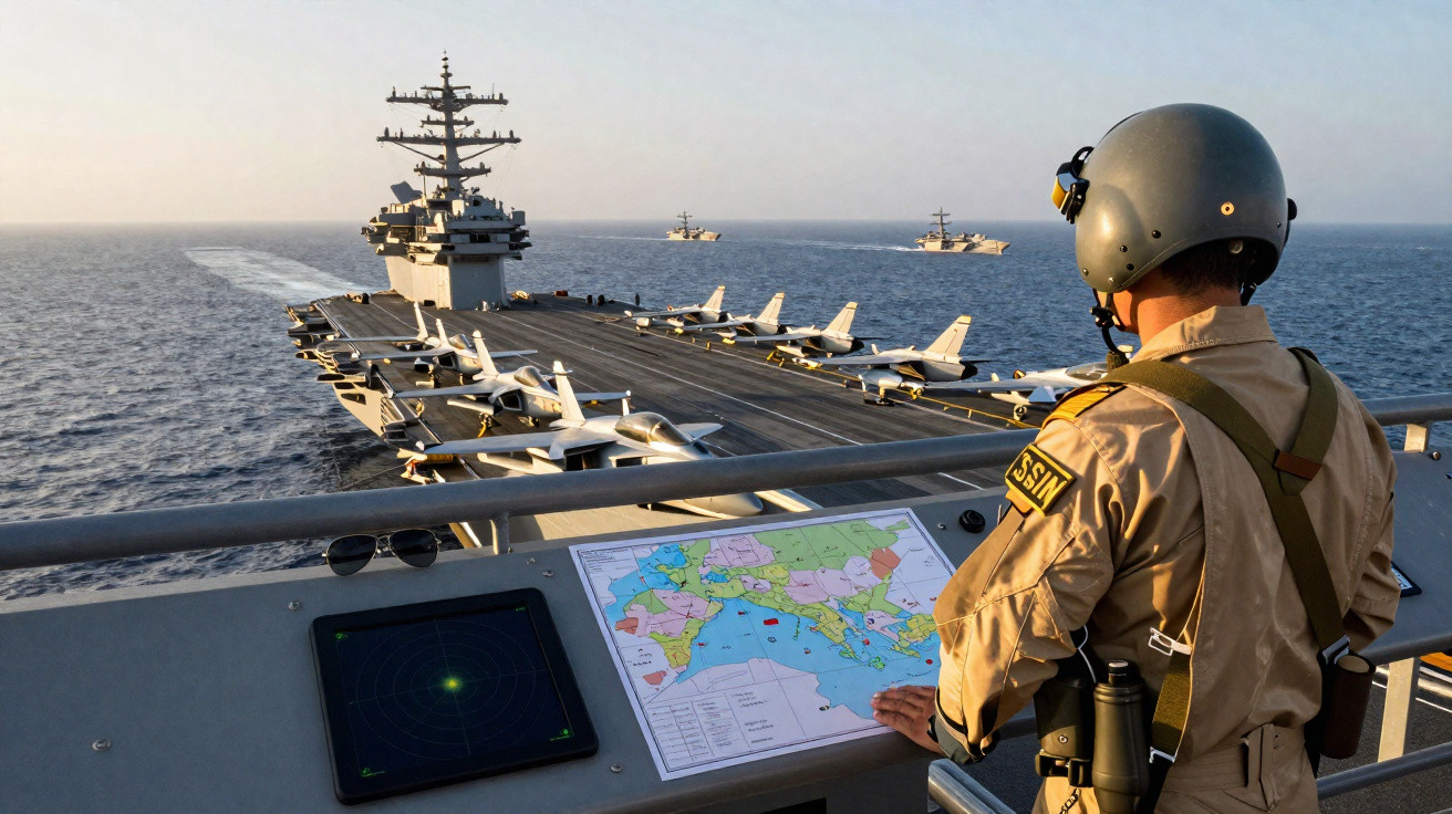 Militar de capacete e uniforme observa mapa e radar a bordo de porta-aviões com aviões de combate no convés.