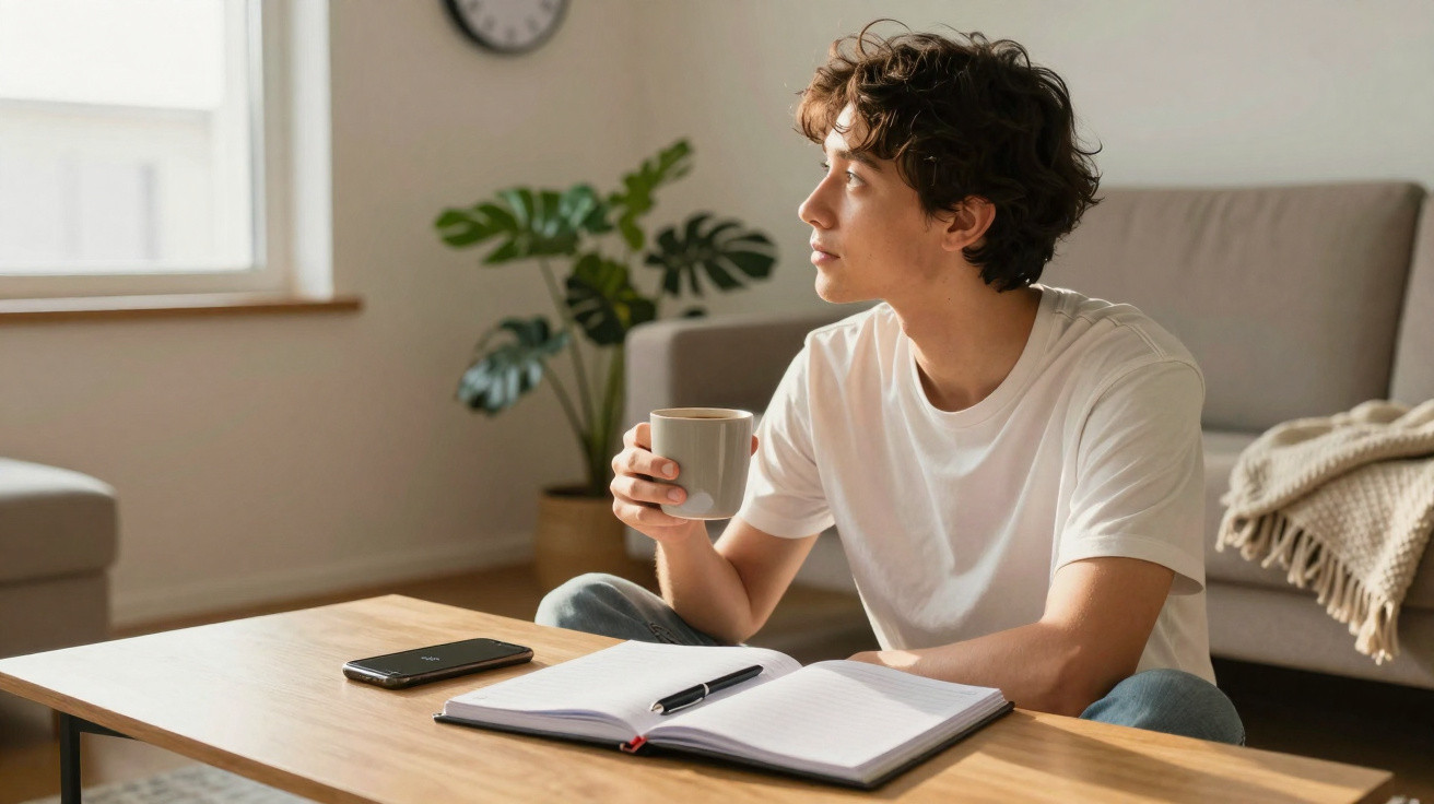 Jovem sentado a olhar pela janela, segurando uma chávena, com caderno e telemóvel numa mesa de madeira.