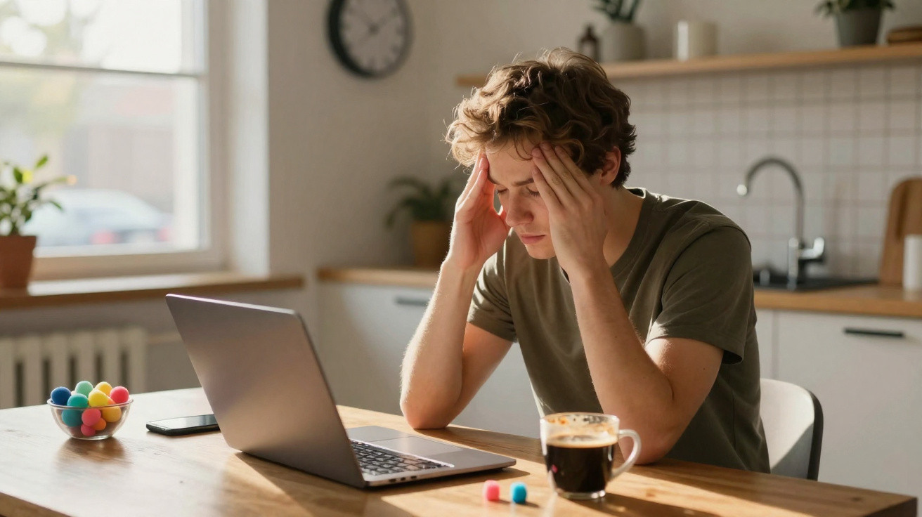 Jovem sentado à mesa com as mãos na cabeça, aparentando cansaço, junto a um computador portátil e café.