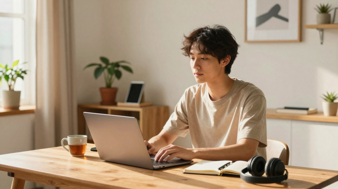 Homem jovem a trabalhar num computador portátil numa mesa de madeira com chá e material de escritório.