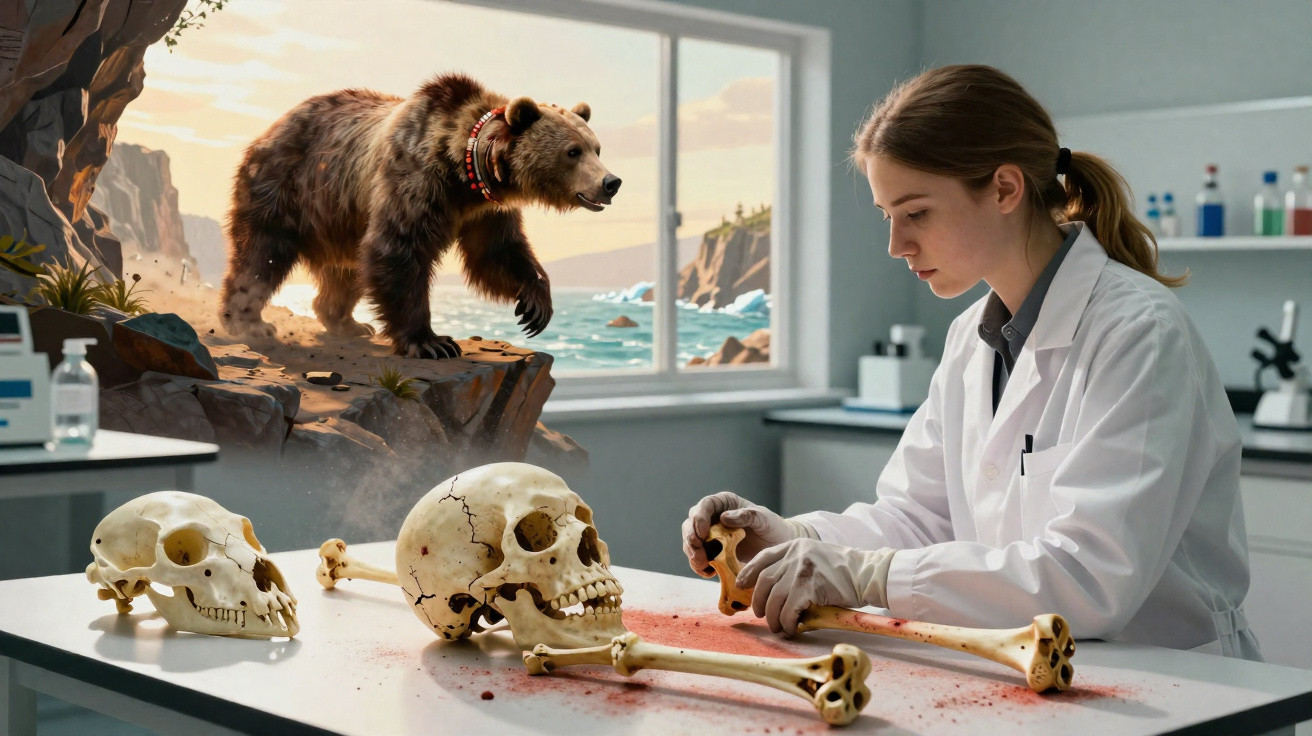 Cientista analisa ossos humanos num laboratório, com imagem de urso e paisagem montanhosa ao fundo.