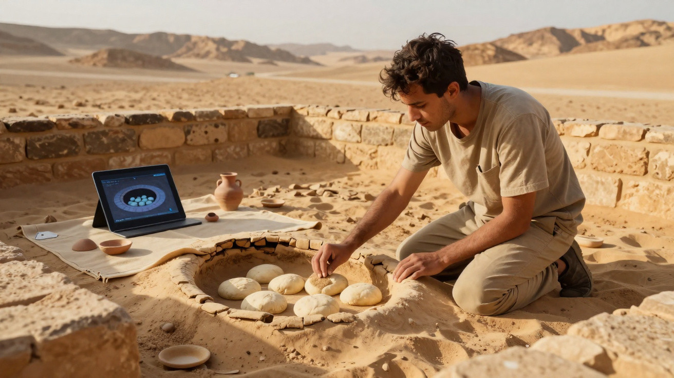 Homem preparando pão num forno tradicional antigo no deserto com tablet a mostrar receita.
