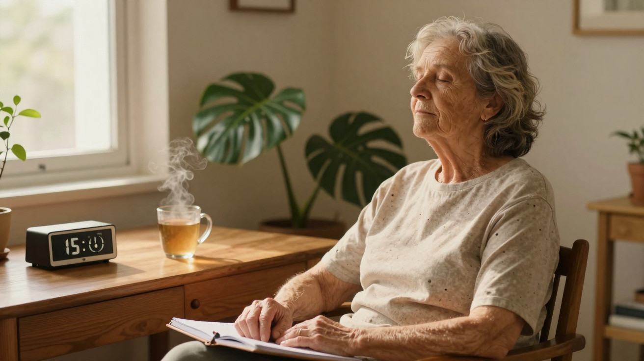 Idosa sentada em cadeira dentro de casa com olhos fechados, livro aberto e chá quente num ambiente tranquilo.