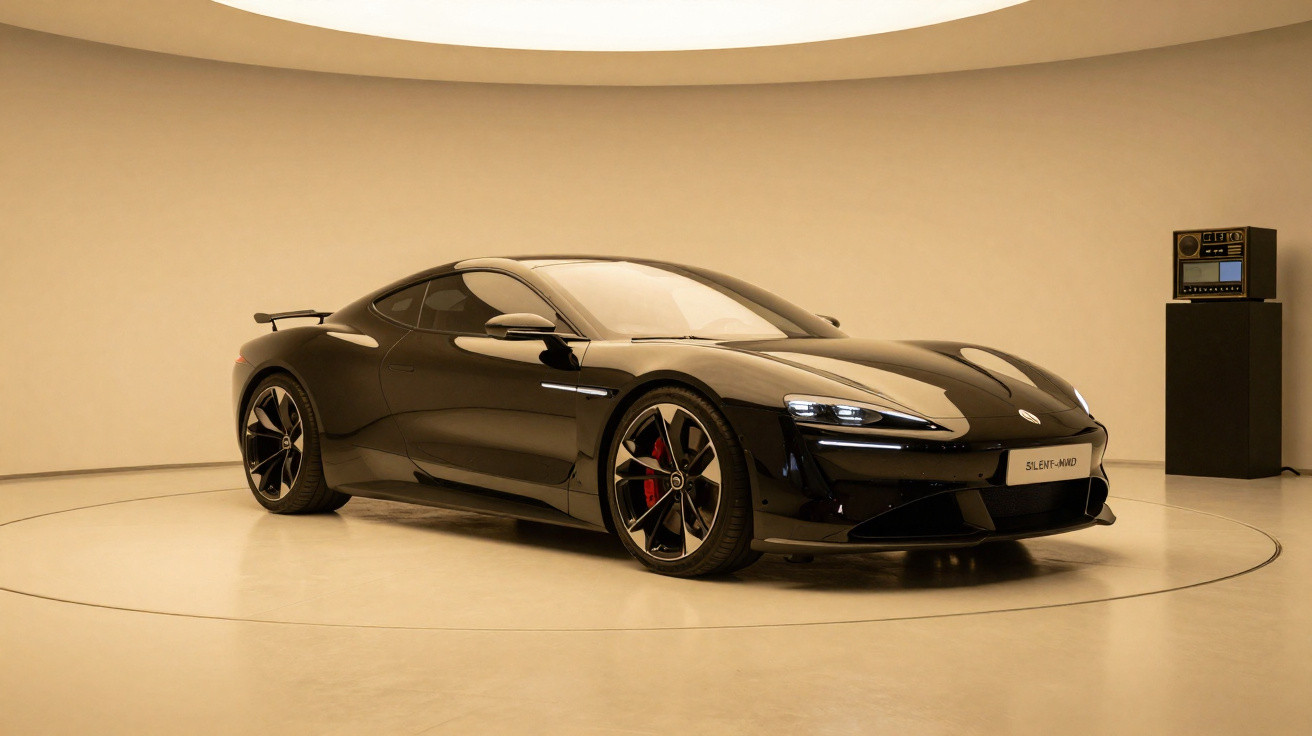 Carro desportivo preto com design aerodinâmico exibido numa sala moderna com iluminação suave.