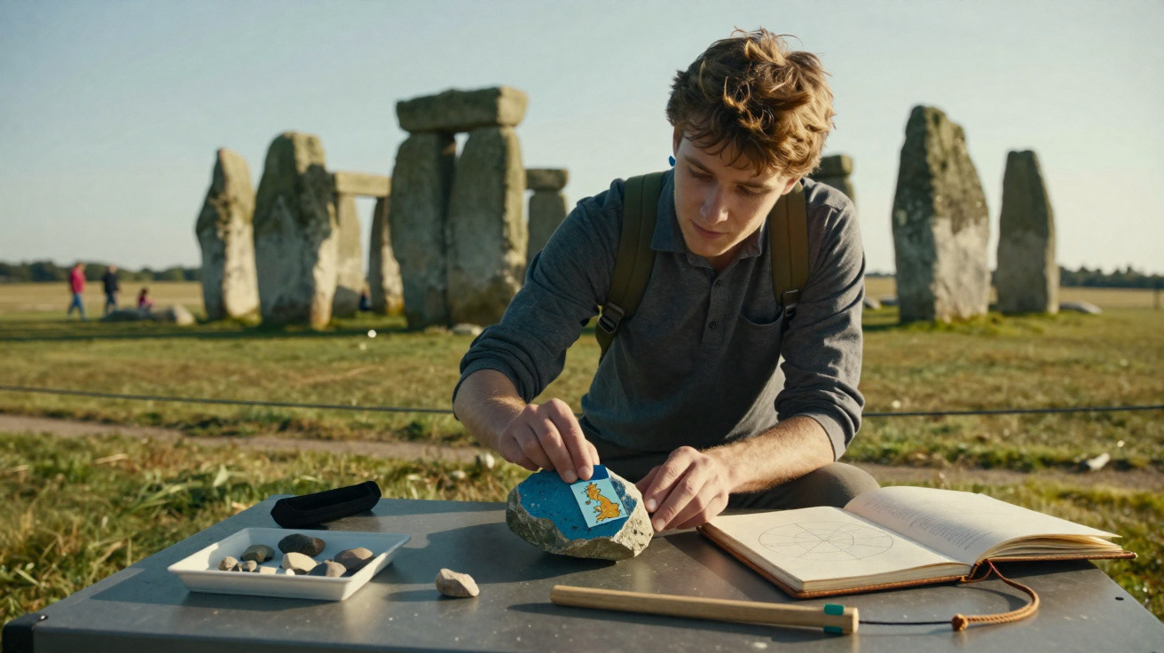 Jovem estudioso analisa pedra com desenho, com Stonehenge ao fundo num campo aberto.