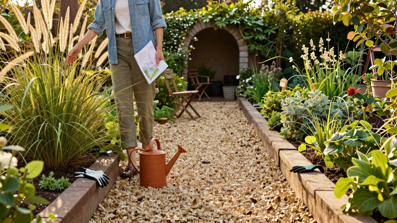 Pessoa de pé num jardim com regador e papel, cercada por plantas e bancos de madeira.