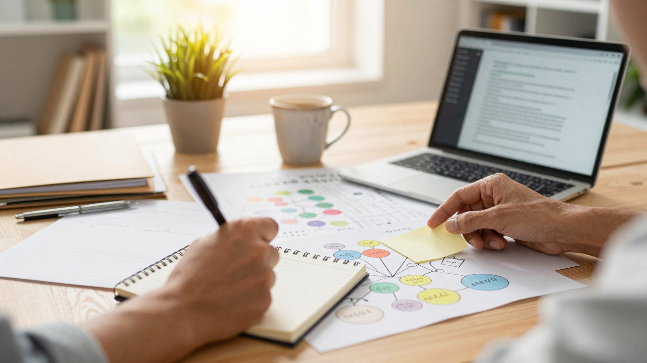 Pessoa a apontar um post-it num diagrama colorido e a fazer anotações num caderno ao lado de um portátil.