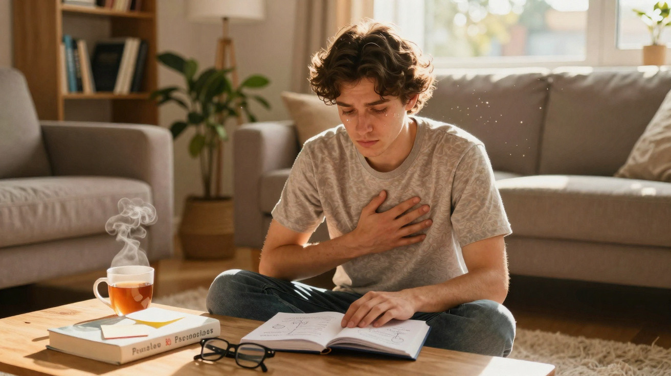 Jovem sentado no chão de sala, com mão no peito e expressão desconfortável, a ler um livro.
