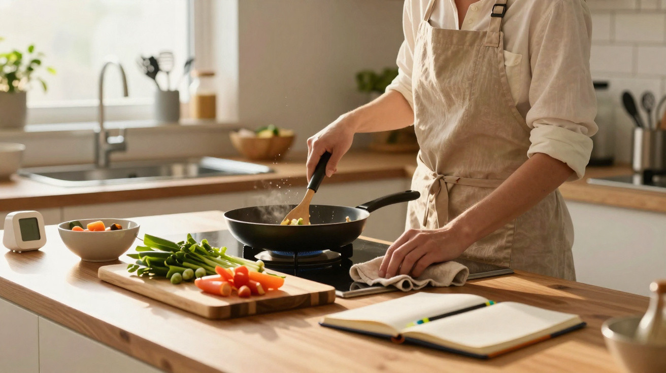 Pessoa a cozinhar num fogão de gas com legumes frescos e livro de receitas numa cozinha moderna.
