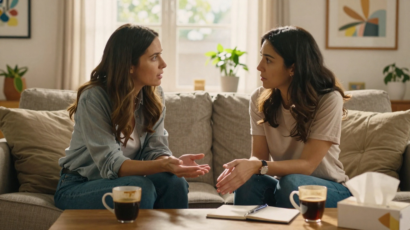 Duas mulheres sentadas no sofá a conversar, com duas chávenas de café e um bloco de notas na mesa.