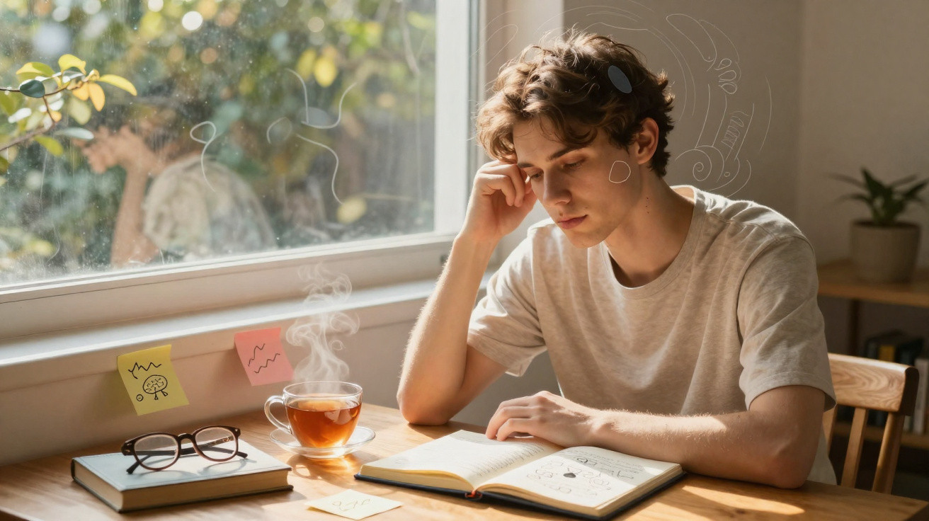 Jovem sentado à mesa a ler um livro, com chá fumegante, óculos e recados junto à janela iluminada.