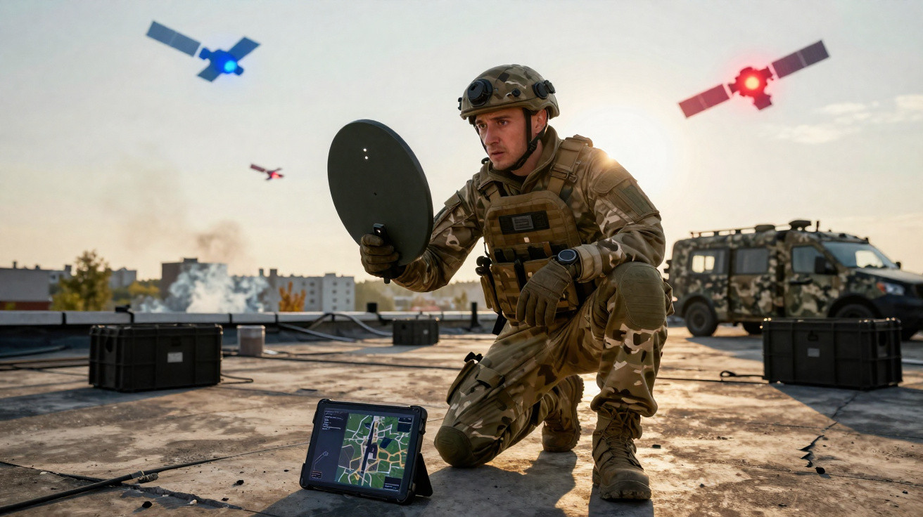 Soldado em uniforme camuflado, ajoelhado no chão com escudo, vigilando dois drones no ar ao pôr do sol.