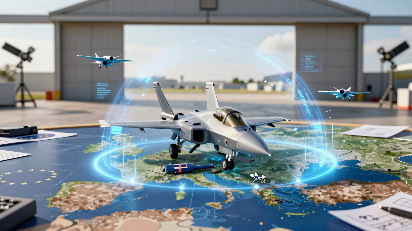 Modelo de avião de combate sobre mapa tático com efeitos digitais e dois drones num hangar de aviação militar.