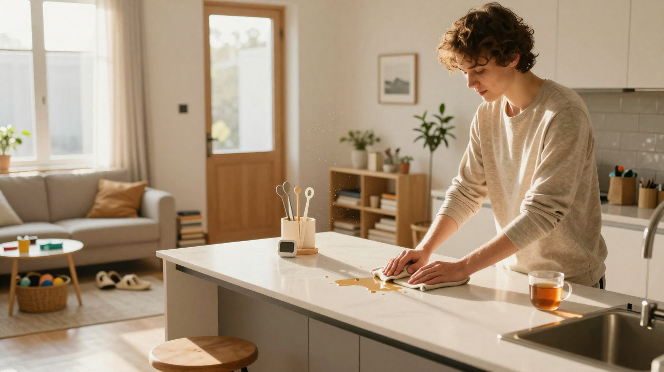 Pessoa jovem a limpar um líquido derramado numa bancada de cozinha luminosa e moderna.