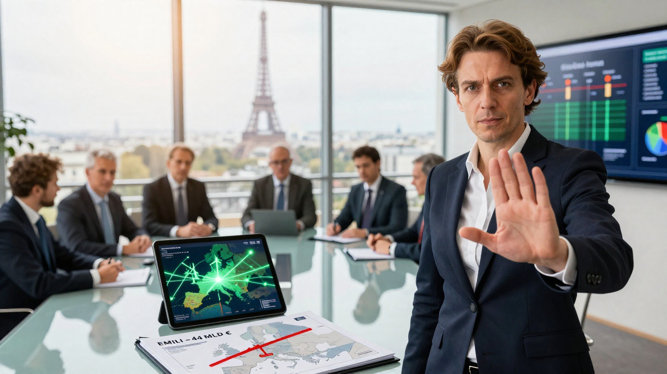 Homem em fato com mão levantada sinaliza interdito em sala de reuniões com vista para a Torre Eiffel.