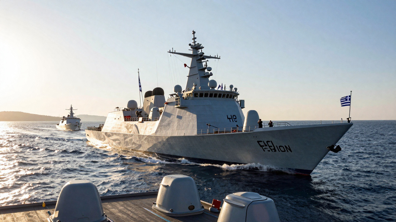 Fragata naval grega com bandeira da Grécia navegando ao pôr do sol no mar aberto.