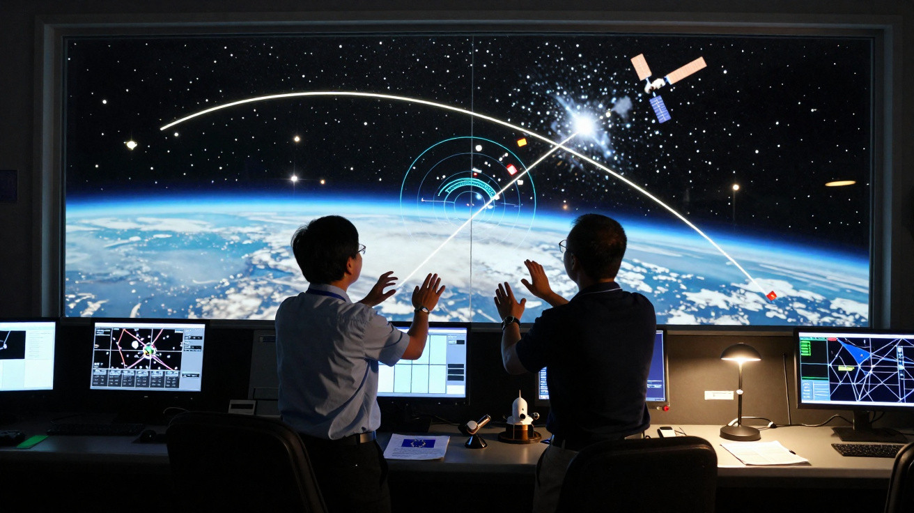Dois técnicos numa sala de controlo a monitorizar satélites e trajetórias em ecrã gigante com a Terra e o espaço.