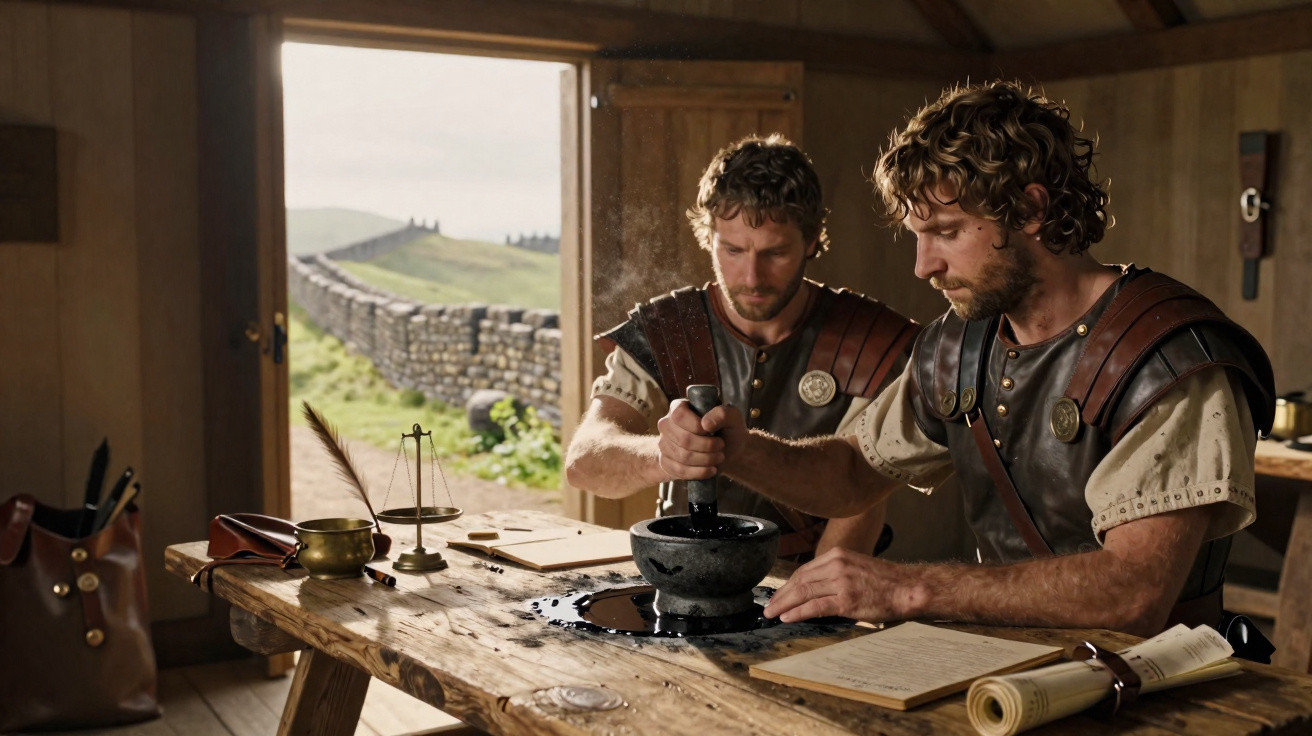 Dois homens com roupas antigas preparam algo num almofariz dentro de uma casa rústica com vista para um muro de pedra.