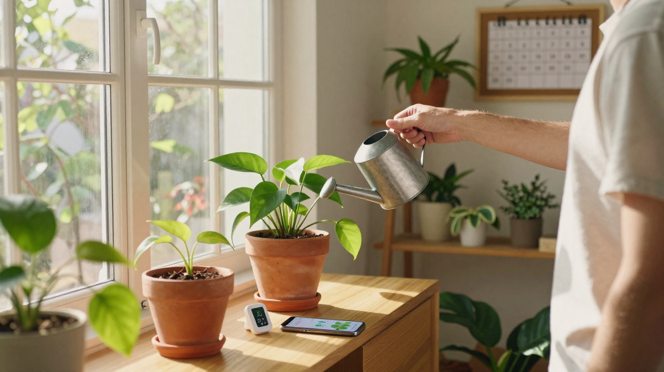 Pessoa a regar plantas em vaso junto a janela com luz natural numa divisão com várias plantas.