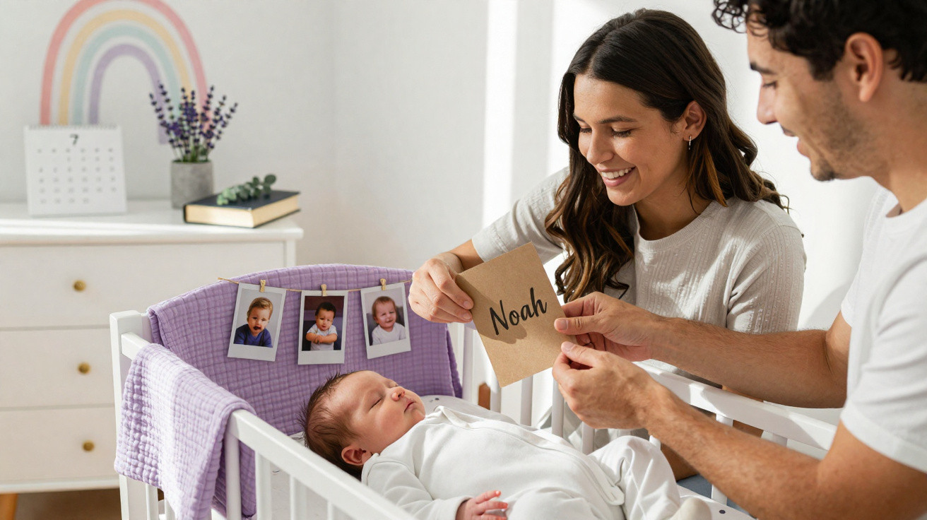 Pais a mostrar cartão com o nome "Noah" a um bebé a dormir no berço, num quarto decorado com arco-íris.