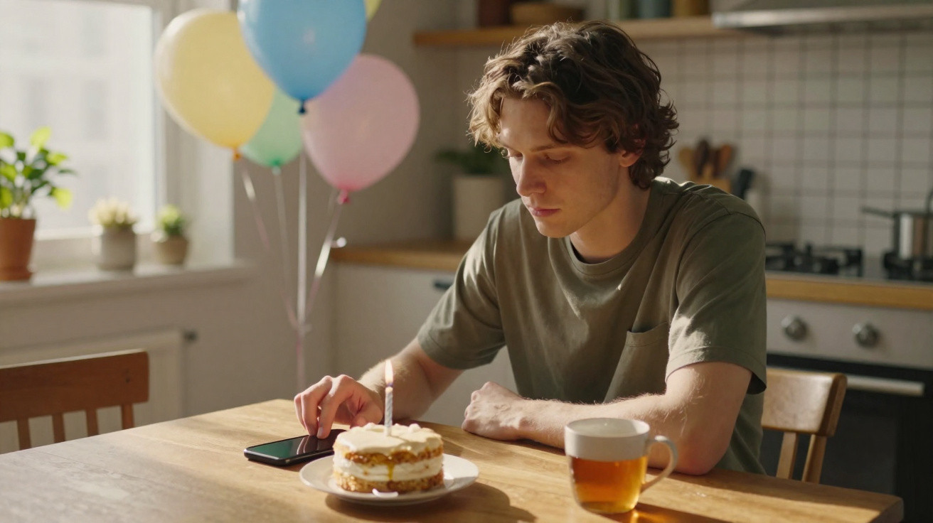 Jovem sentado sozinho à mesa com bolo de aniversário, vela acesa, chá e balões coloridos ao fundo.