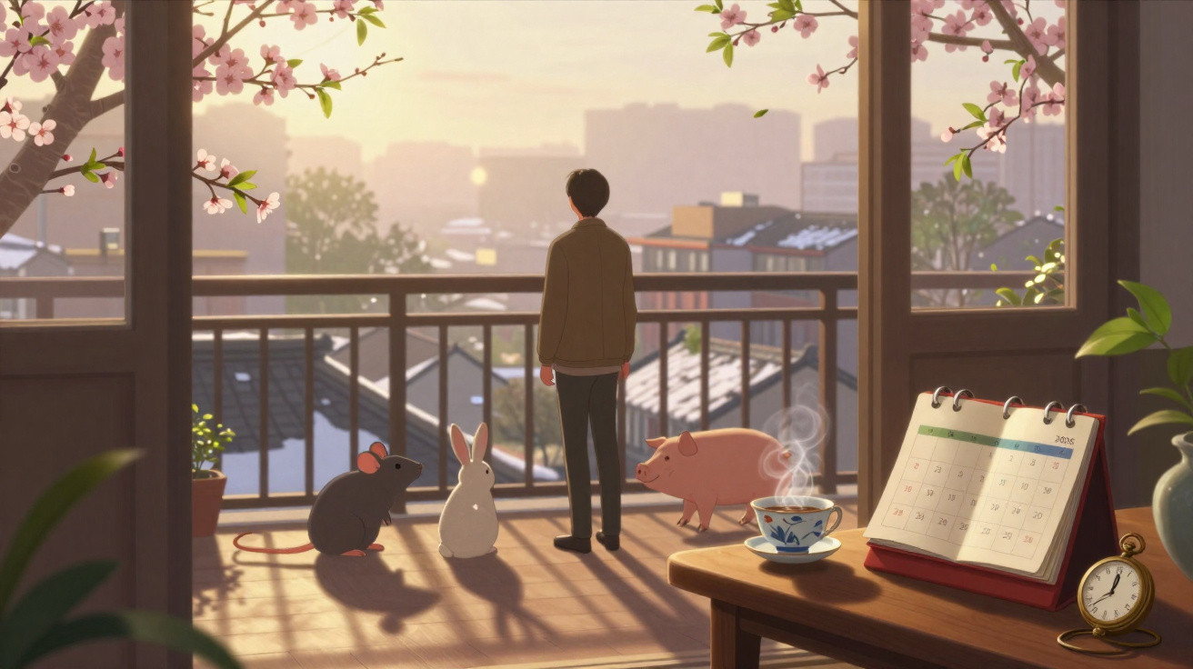 Pessoa de costas observa a cidade ao amanhecer com um rato, coelho e porco numa varanda florida.