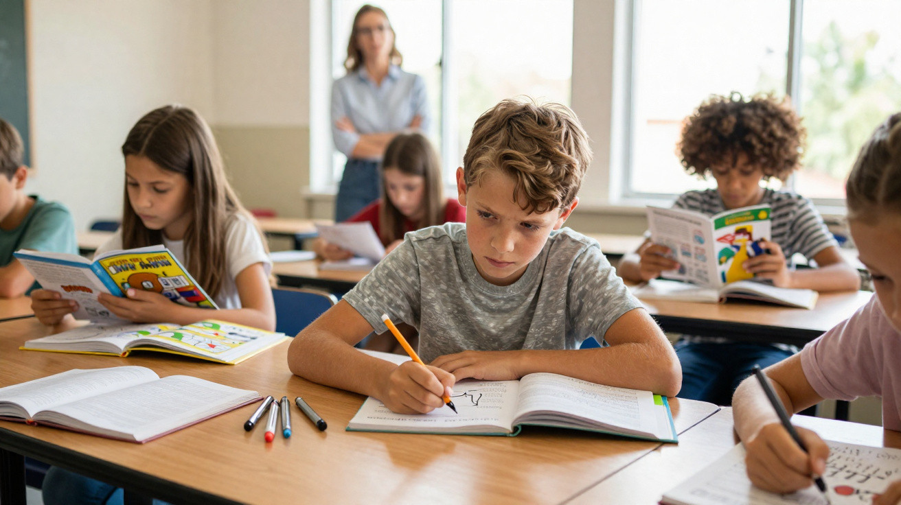 Crianças a estudar numa sala de aula, concentradas a escrever nos cadernos, com professora ao fundo.
