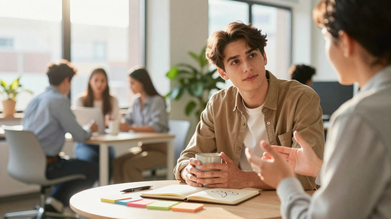 Jovem a ouvir atentamente durante conversa num ambiente de trabalho com outras pessoas ao fundo.