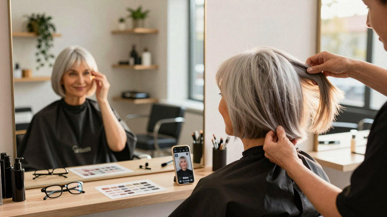 Mulher idosa sentada no salão de cabeleireiro, experimenta nova cor de cabelo enquanto se vê ao espelho.