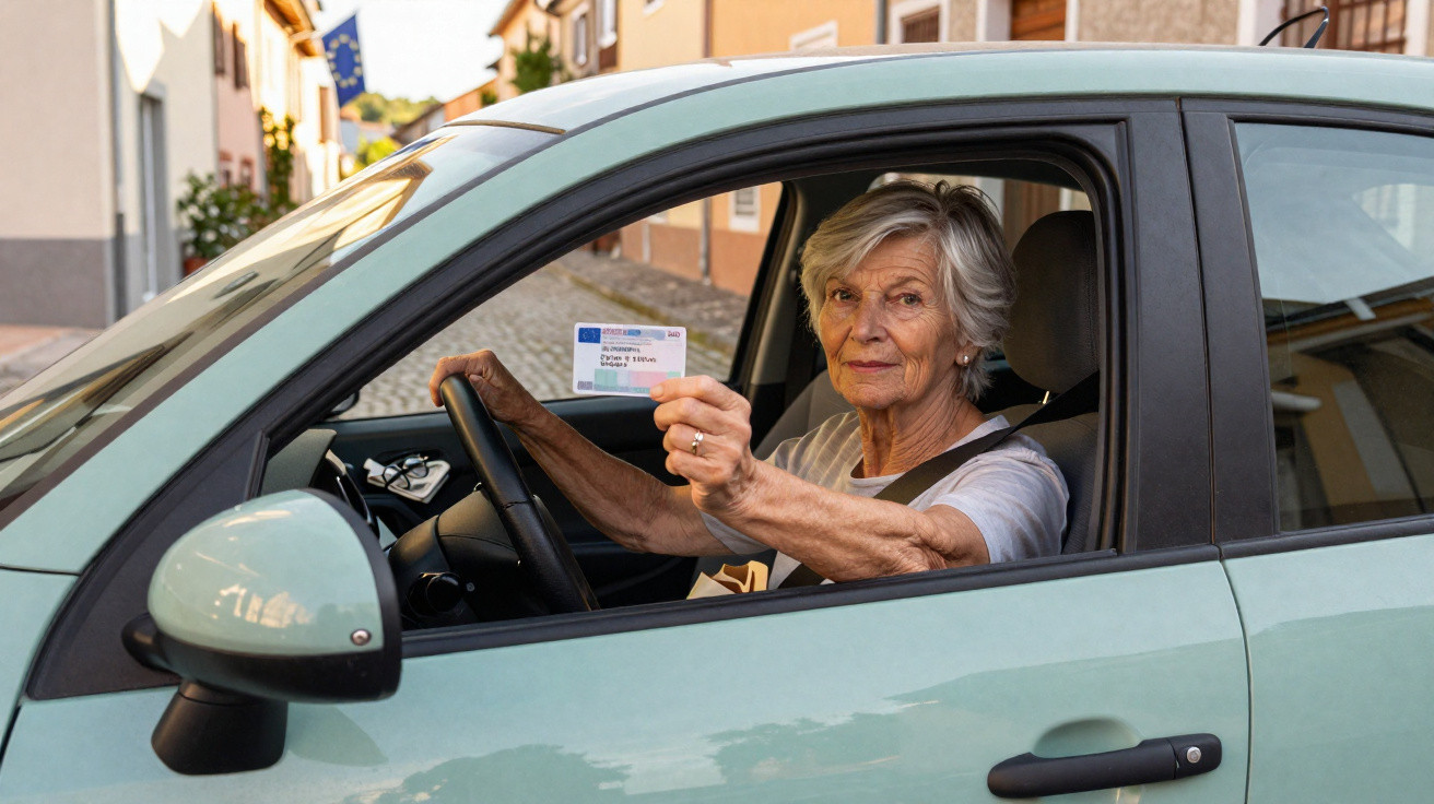 Mulher sénior sentada no carro a mostrar uma carta de condução com expressão séria.