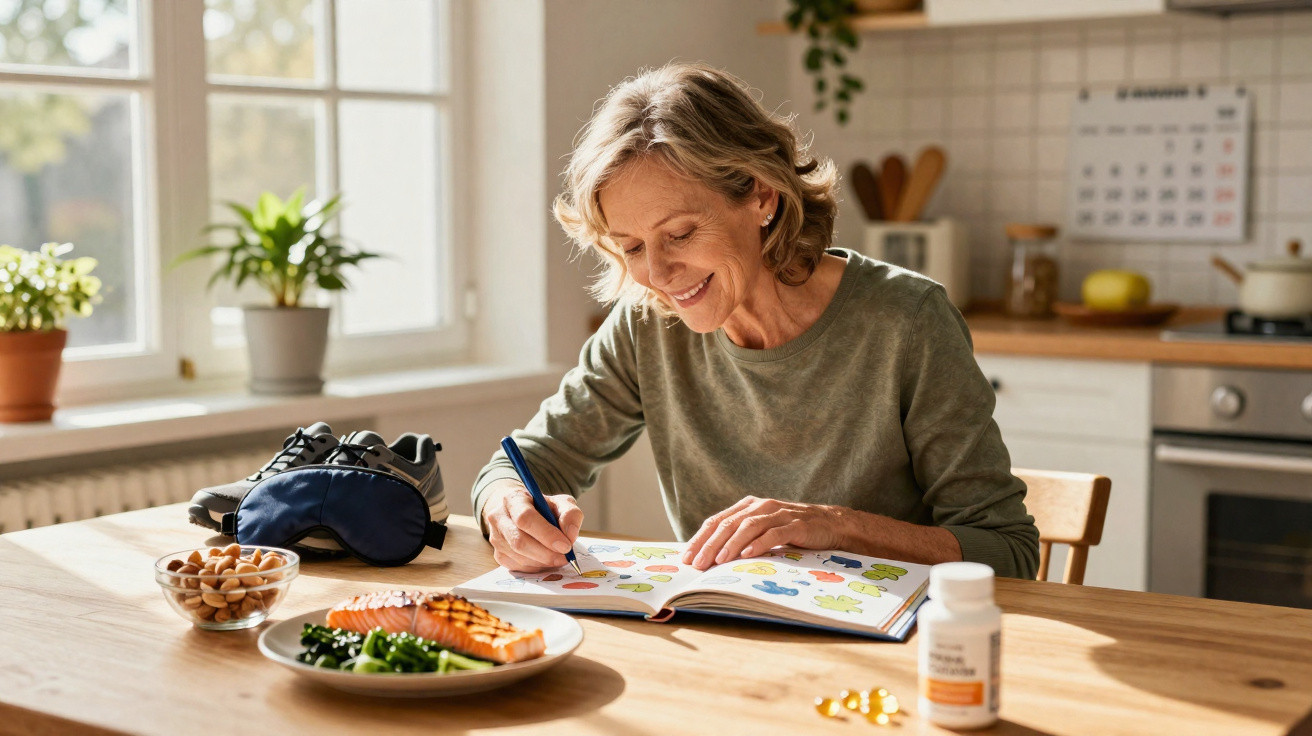 Mulher sorridente a escrever num caderno sentada à mesa com comida saudável e suplementos à frente numa cozinha iluminada.