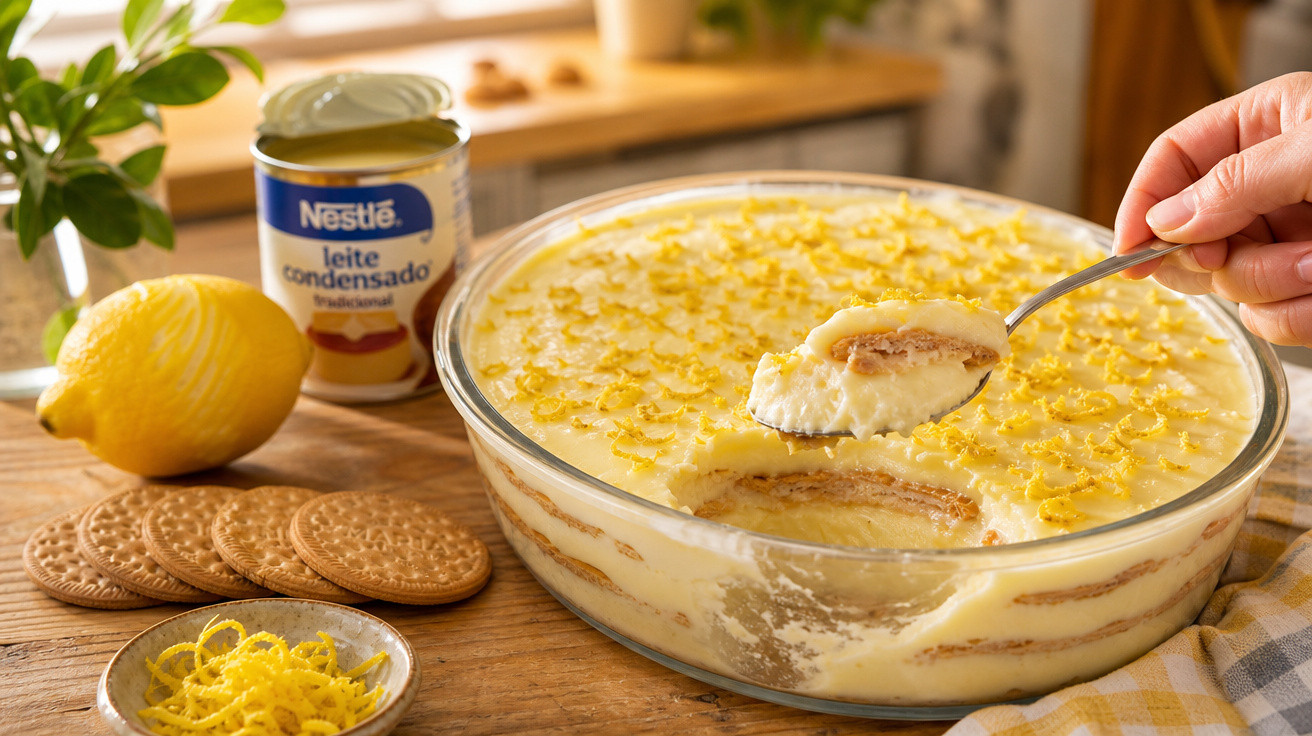 Doce de limão com bolacha, leite condensado e raspas de limão numa taça de vidro, com uma colher a retirar uma porção.