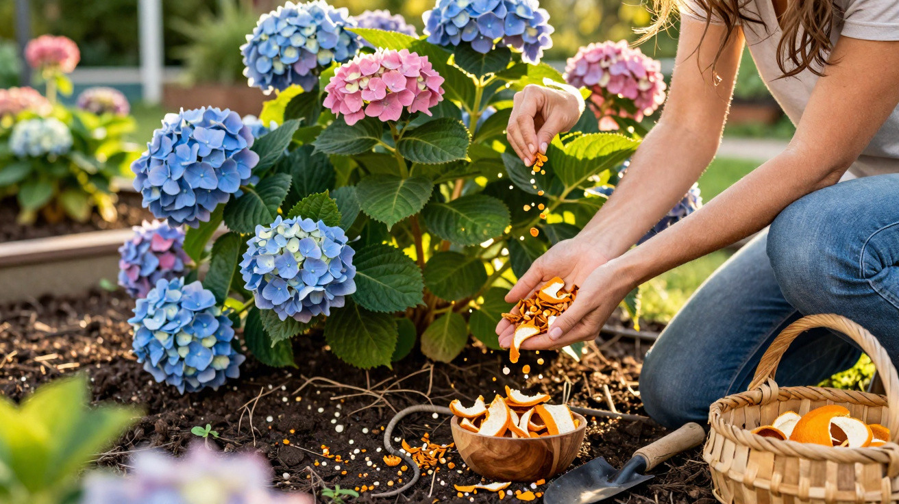 Pessoa a espalhar cascas de laranja em volta de flores hortênsia azuis e cor-de-rosa num jardim.