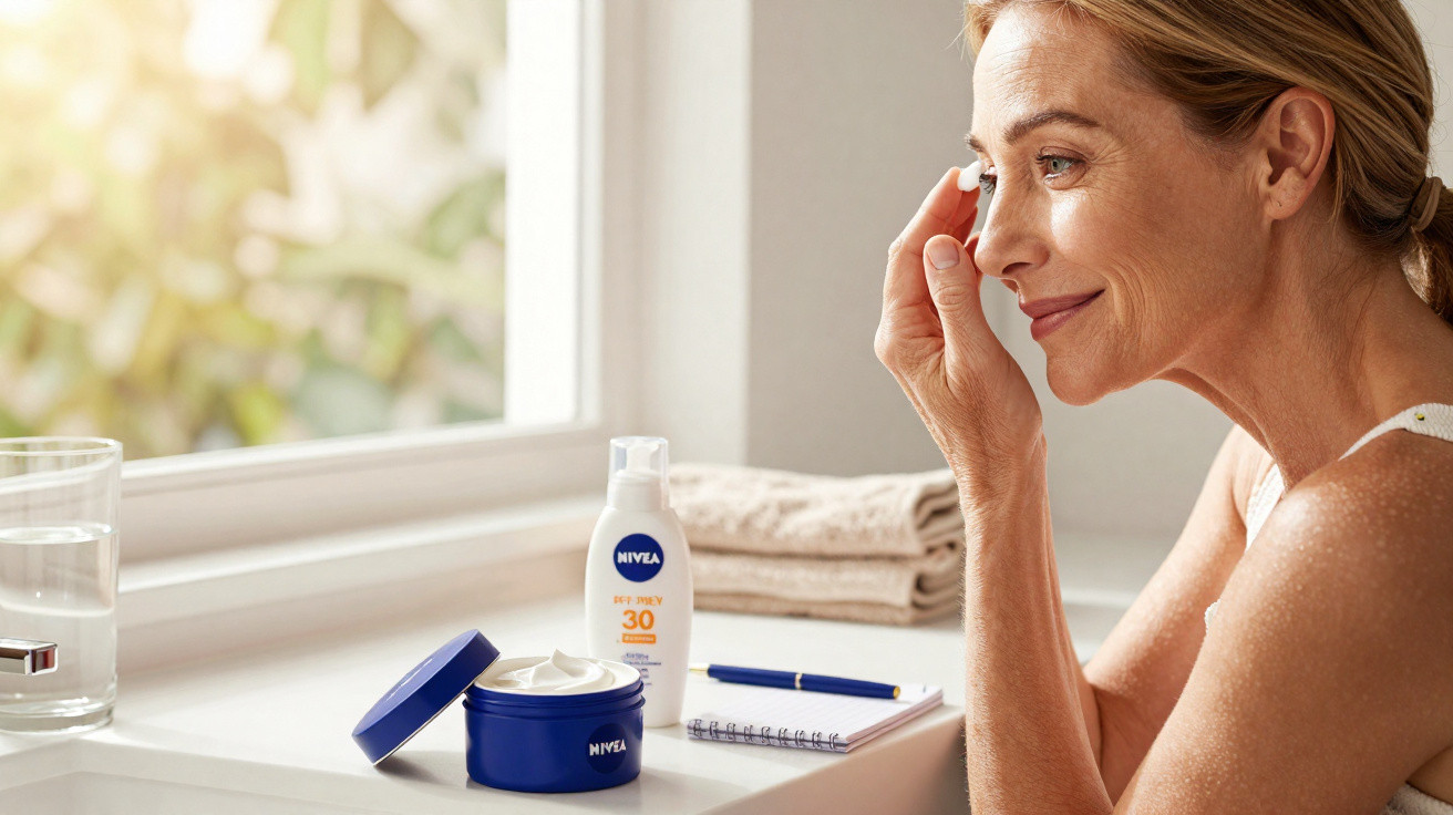 Mulher jovem a aplicar creme no rosto junto a janela com produtos Nivea e caderno numa bancada branca.