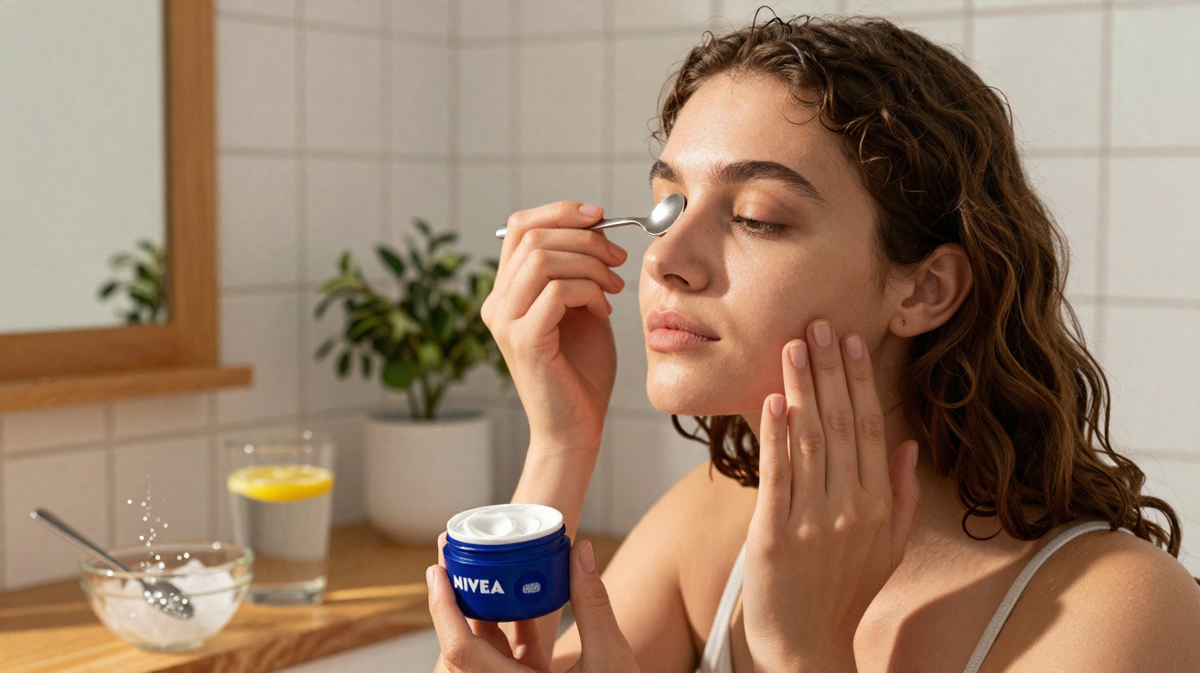 Mulher a aplicar creme Nivea no rosto com uma colher num ambiente de casa de banho.