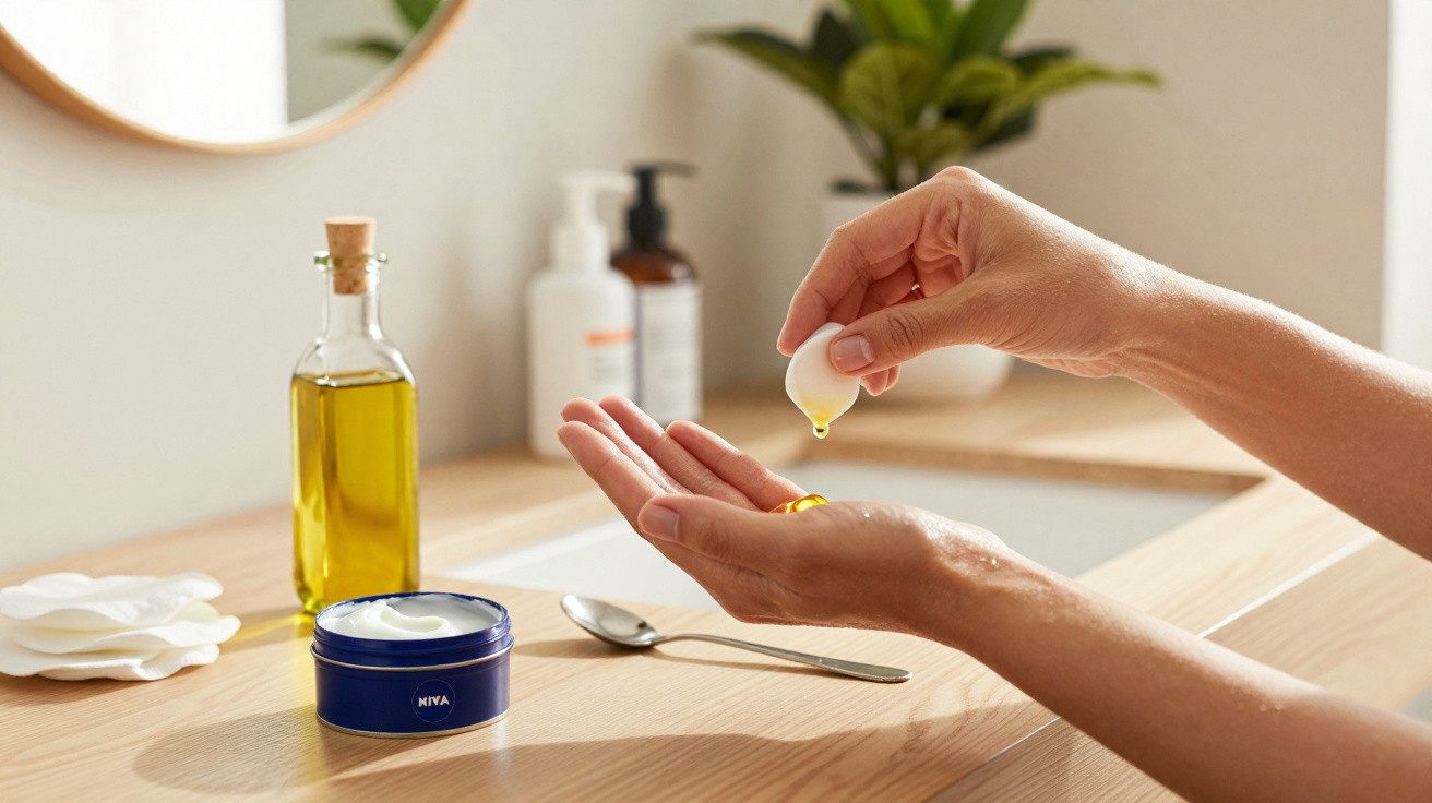 Mãos aplicando óleo em creme Nivea num ambiente de cuidado pessoal com produtos e espelho ao fundo.