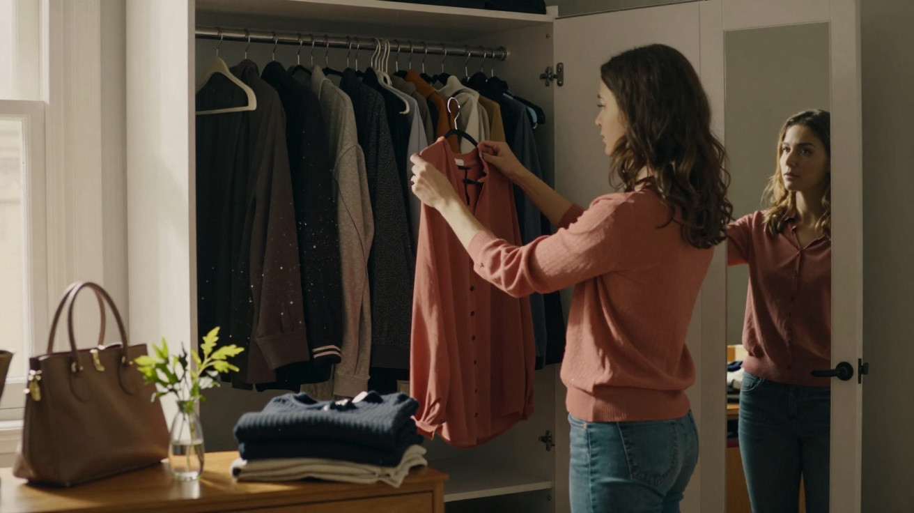 Mulher a escolher uma camisa no armário de roupa numa divisão iluminada por luz natural.