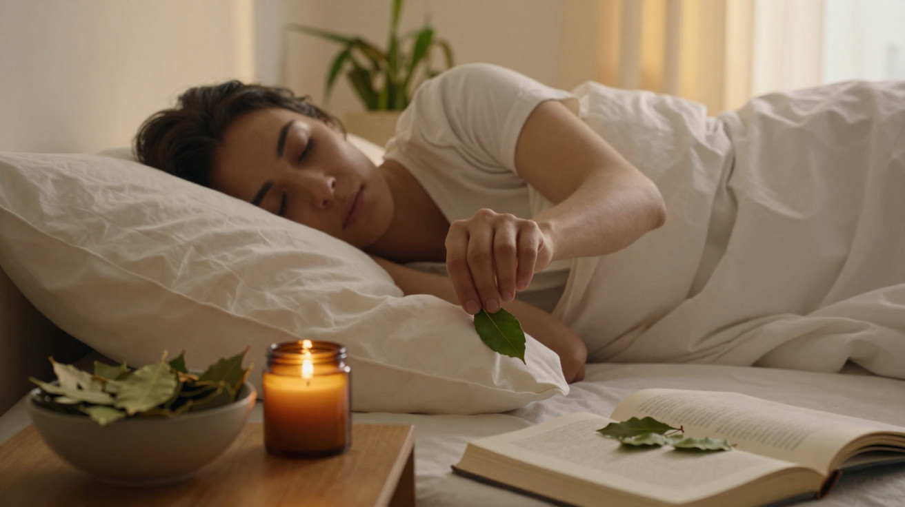 Mulher deitada a dormir na cama com velas acesas, folhas na mão e livro aberto ao lado.