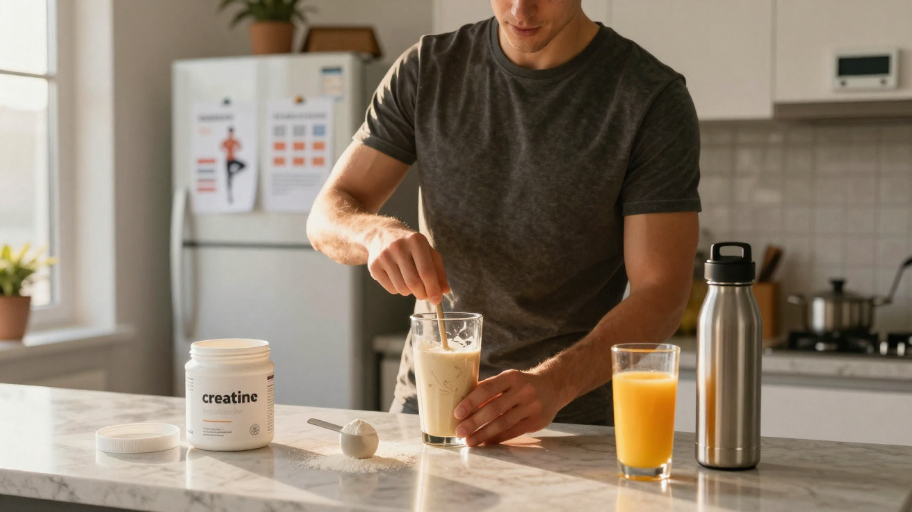 Homem a preparar batido com creatina na cozinha, com sumo de laranja e garrafa térmica na bancada.