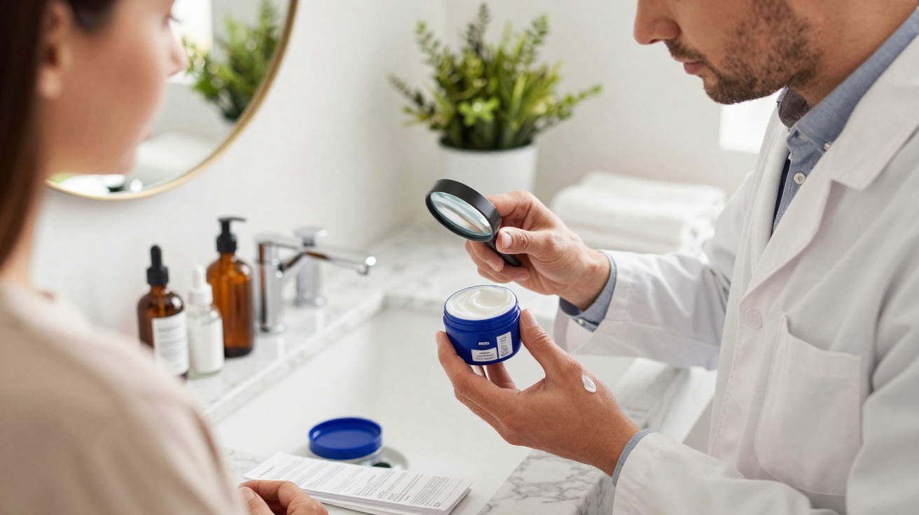 Homem com bata branca examina creme facial com lupa enquanto mulher observa em casa de banho.