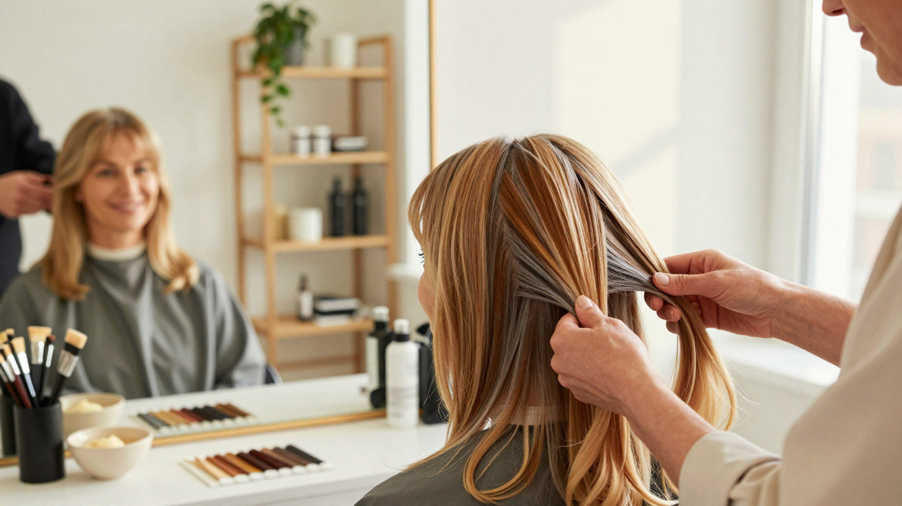 Pessoa a pentear cabelo loiro de cliente num salão de beleza moderno com espelho e produtos visíveis.
