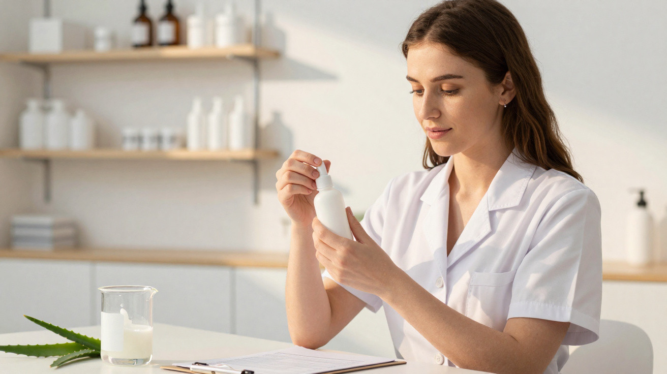 Mulher de bata branca analisando frasco de cosmético num ambiente luminoso e organizado.