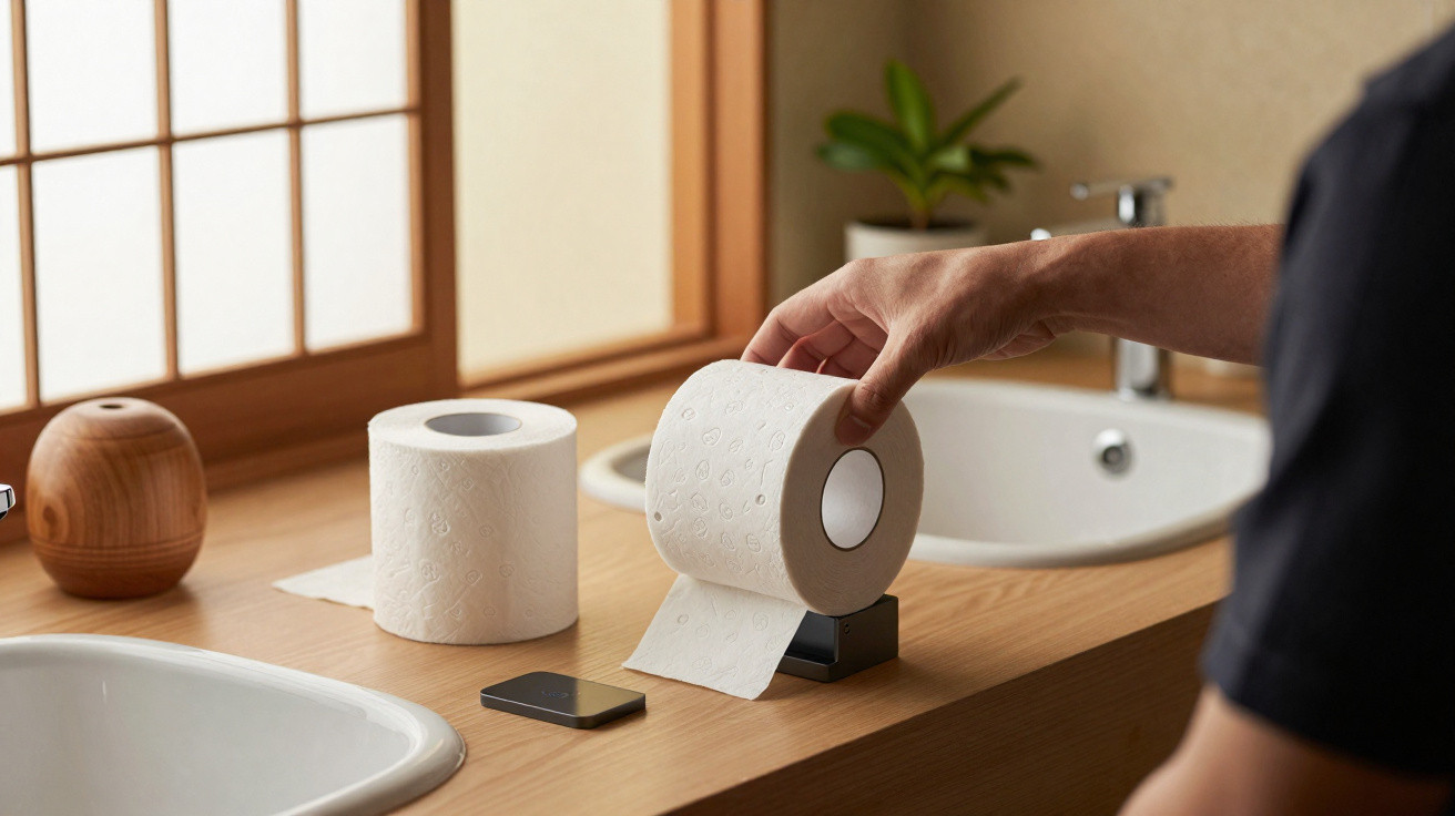 Mão a pegar em rolo de papel higiénico numa casa de banho moderna com balcão de madeira.