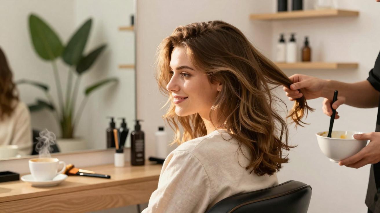 Mulher com cabelo ondulado a ser tratada por cabeleireiro num salão moderno com plantas e espelho.