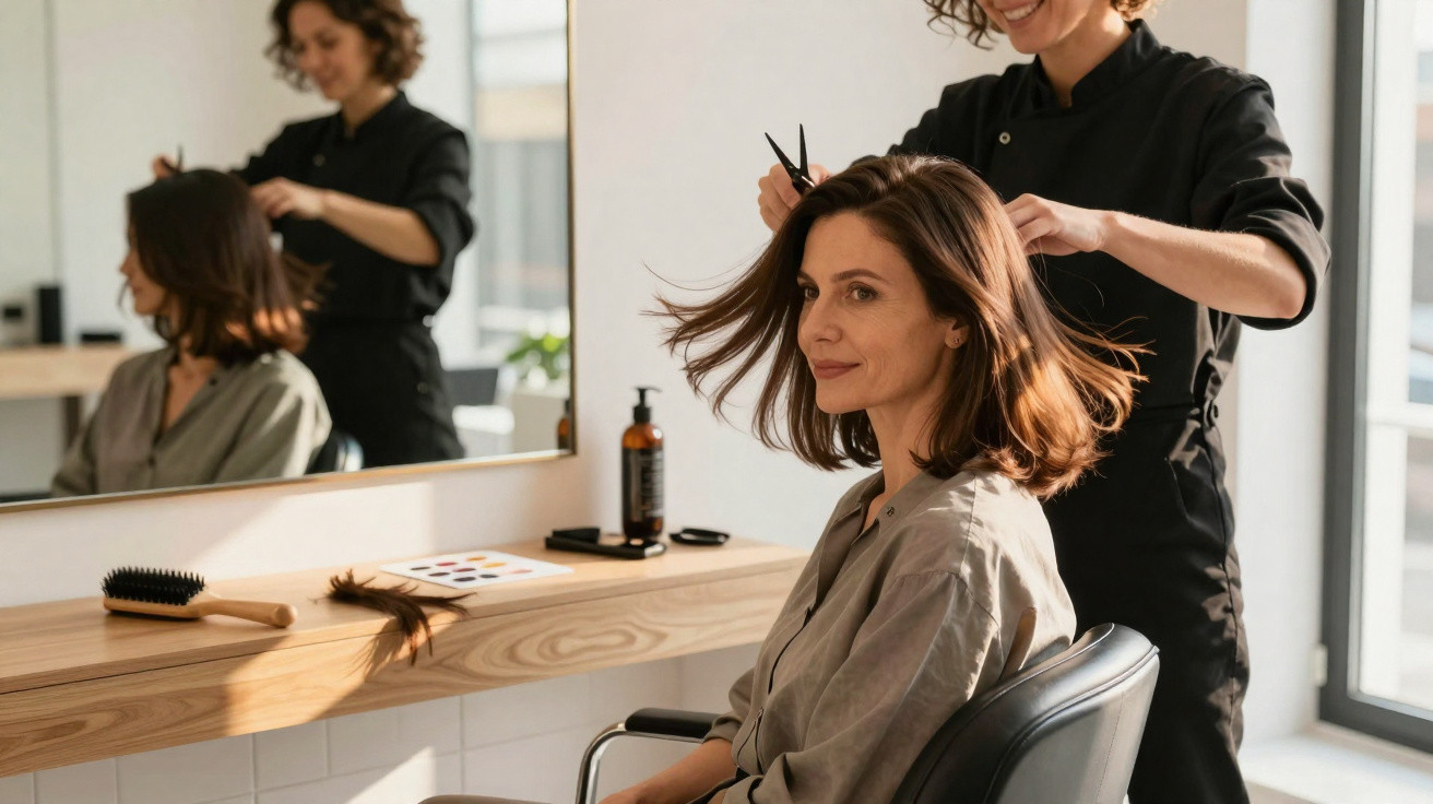 Mulher a sorrir sentada numa cadeira enquanto cabeleireira corta o seu cabelo num salão iluminado.