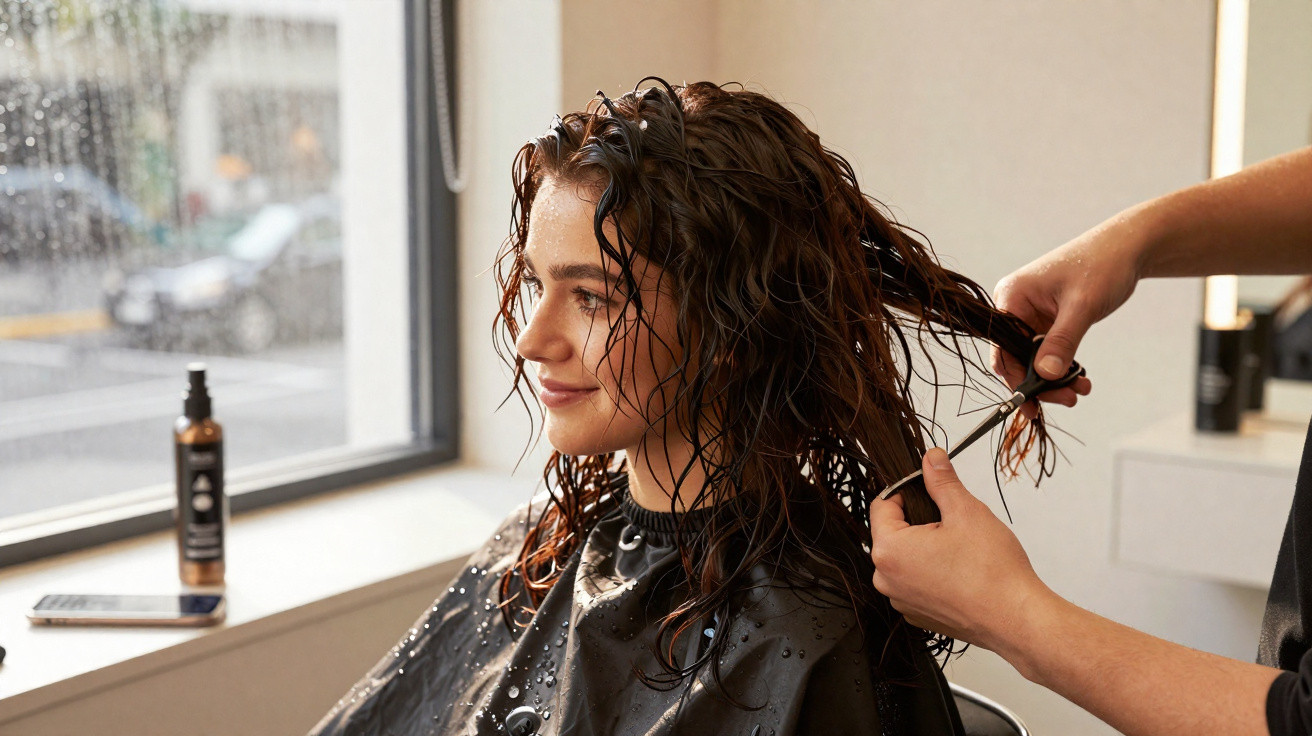 Mulher com cabelo molhado a cortar o cabelo num salão de beleza, sorrindo junto à janela.